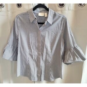 Chicos Womens Top Medium Stripe Button Flare Sleeve Cotton Nautical Work 16668x